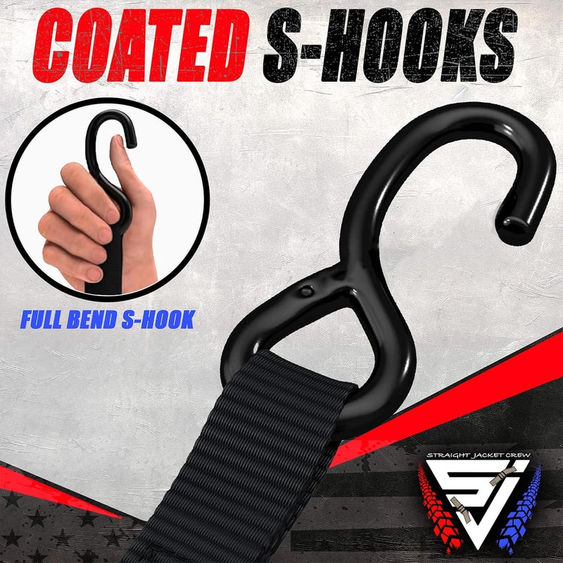 Straight Jacket Crew Ratchet Tie Down Straps (4 Pack) - 1,823lb Max Break Strength incl. (4) Heavy Duty 1" x 15' Rachet Tie Downs with Hooks & Handles Best for Moving Securing Cargo by (Black) - Image 3